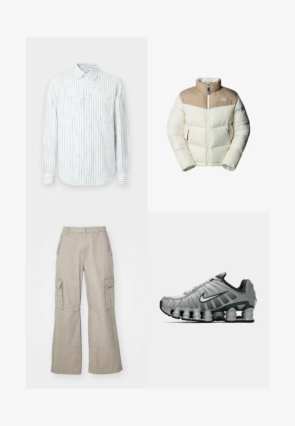 The North Face M SAIKURU JACKET - Vinterjakker - mushroom grey/white dun; Letvægts skjorte med lange ærmer i hvid med blå lodrette striber. Har krave med knapper og en enkelt brystlomme.; Khaki cargo bukser lavet af bomuldsblanding, med brede ben, flere sidelommer og subtile syninger.; Grå og sort Nike løbesko med synlig fjederlignende dæmpning under sålen og et hvidt swoosh-logo på siden.