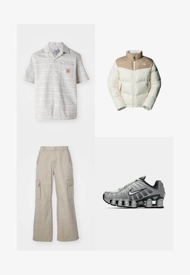 The North Face M SAIKURU JACKET - Winterjacke - mushroom grey/white dun; Kurzarmhemd in Hellgrau mit vertikalen Streifen, Knopfleiste und einer Brusttasche mit einem kleinen orangefarbenen Logo. Baumwollmischgewebe.; Khaki Cargo-Hosen aus Baumwollmischung, mit weitem Bein, mehreren Seitentaschen und dezenten Steppdetails.; Grauer und schwarzer Nike-Laufschuh mit sichtbarer federähnlicher Dämpfung unter der Sohle und einem weißen Swoosh-Logo an der Seite.