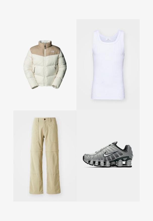 The North Face M SAIKURU JACKET - Winter jacket - mushroom grey/white dun; White cotton sleeveless tank top with a round neckline, featuring a smooth texture and a fitting shape, designed for casual wear.; Beige cargo pants with a straight-leg design, two front pockets, and a zippered hem for adjustable length. Made of lightweight fabric.; Grey and black Nike running shoe with visible spring-like cushioning under the sole and a white swoosh logo on the side.