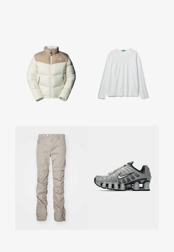 The North Face M SAIKURU JACKET - Winterjas - mushroom grey/white dun; Effen witte lange mouwen crewneck shirt met een groene label bij de hals, plat gelegd op een witte achtergrond.; Beige, textuurstof broek met een gerimpeld ontwerp, voorzien van een knoopsluiting, vijf zakken en een rechte pijp.; Grijze en zwarte Nike hardloopschoen met zichtbare veerachtige demping onder de zool en een wit swoosh-logo aan de zijkant.