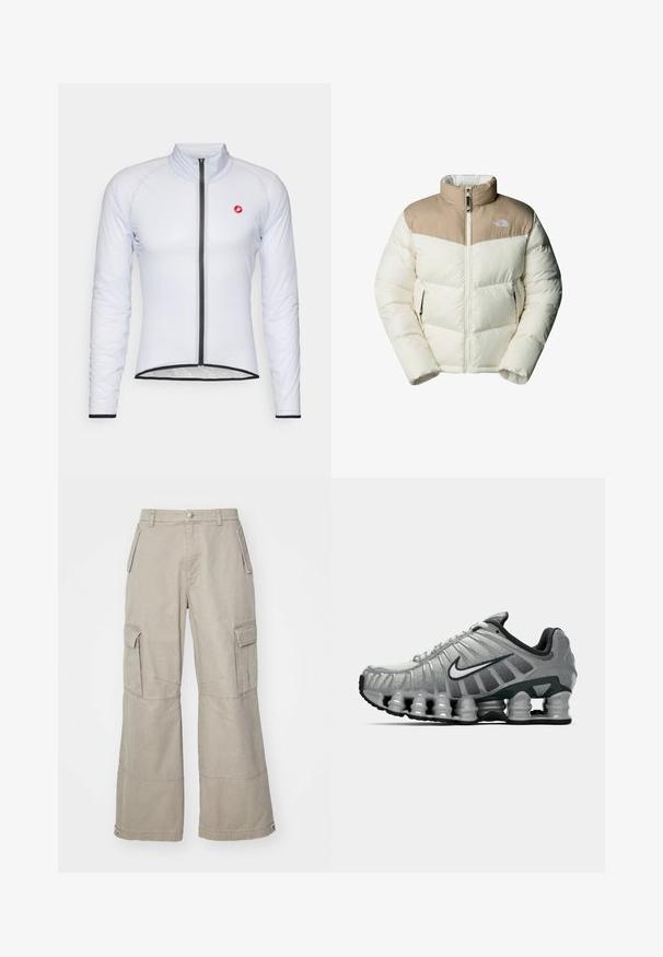 The North Face M SAIKURU JACKET - Giacca invernale - mushroom grey/white dun; Giacca da ciclismo bianca con maniche lunghe, colletto alto e zip frontale. Presenta un piccolo logo rosso e orli e polsini neri a contrasto.; Pantaloni cargo in khaki realizzati in cotone misto, con gambe ampie, molteplici tasche laterali e sottili dettagli di cucitura.; Scarpa da corsa Nike grigia e nera con ammortizzazione visibile a molla sotto la suola e logo swoosh bianco di lato.