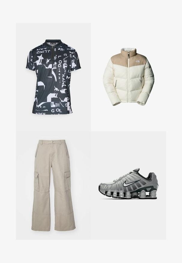 The North Face M SAIKURU JACKET - Zimní bunda - mushroom grey/white dun; Černé polo tričko s geometrickým bílým vzorem, zipovým límečkem, krátkými rukávy a sportovní, lehkou texturou látky.; Khaki cargo kalhoty vyrobené z bavlněné směsi, s širokými nohavicemi, několika bočními kapsami a jemnými švy.; Šedá a černá běžecká obuv Nike s viditelným odpružením podobným pružině pod podrážkou a bílým logem swoosh na boku.