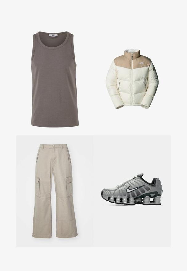 The North Face M SAIKURU JACKET - Talvitakki - mushroom grey/white dun; Harmaa ribatettu hihaton paita, jossa on pyöreä kaula-aukko ja leveät käsivarrenaukot. Valmistettu joustavasta kankaasta, siinä on normaali istuvuus ja minimalistinen muotoilu.; Khaki cargo-housut, jotka on valmistettu puuvillasekoitteesta, leveillä lahkeilla, useilla sivutaskuilla ja hillityillä ompeluyksityiskohdilla.; Harmaa ja musta Nike-juoksukenkä, jossa on näkyvää jousimaista vaimennusta pohjan alla ja valkoinen swoosh-logo sivulla.