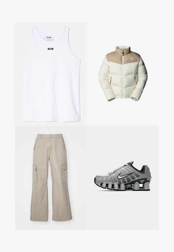 The North Face M SAIKURU JACKET - Winter jacket - mushroom grey/white dun; White cotton tank top with a ribbed texture, featuring a black embroidered logo "MSGM" centered on the chest. Simple, clean design.; Khaki cargo pants made of cotton blend, featuring wide legs, multiple side pockets, and subtle stitching details.; Grey and black Nike running shoe with visible spring-like cushioning under the sole and a white swoosh logo on the side.