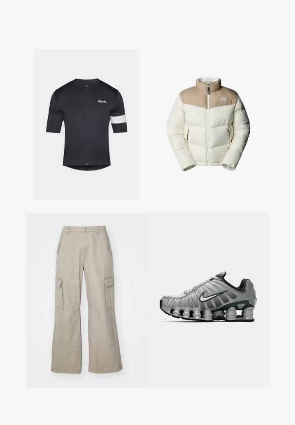 The North Face M SAIKURU JACKET - Giacca invernale - mushroom grey/white dun; Maglia da ciclismo nera con maniche corte, zip a lunghezza completa e striscia bianca sul braccio sinistro. Tessuto di texture liscia, design aderente.; Pantaloni cargo in khaki realizzati in cotone misto, con gambe ampie, molteplici tasche laterali e sottili dettagli di cucitura.; Scarpa da corsa Nike grigia e nera con ammortizzazione visibile a molla sotto la suola e logo swoosh bianco di lato.