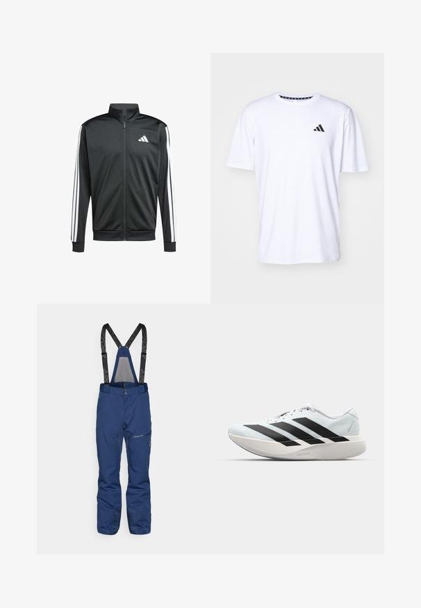 adidas Performance Trainingsvest - black; Witte T-shirt met korte mouwen, gemaakt van stof met een gladde textuur. Heeft een zwart adidas-logo op de linkerborst en een geborduurde kraag.; Marineblauwe skibroek met verstelbare zwarte bretels, voorzak met rits, versterkte manchetten en een gladde textuur.; Lichte hardloopschoenen in lichtblauw met zwarte strepen. Beschikt over een soepele bovenkant, ronde neusstuk en dikke witte tussenzool met het label "LIGHTSTRIKE PRO."