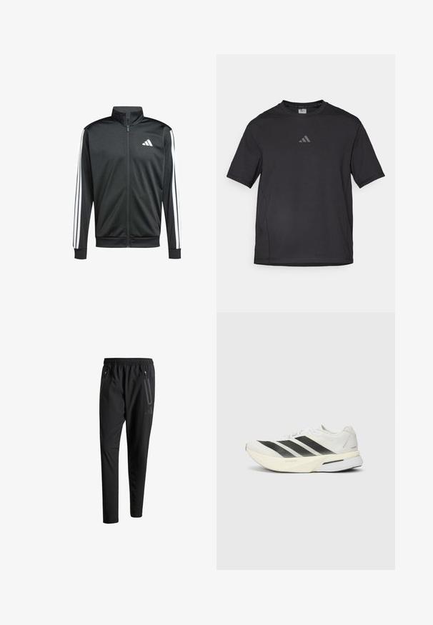 adidas Performance Chaqueta de entrenamiento - black; Camiseta deportiva negra hecha de material transpirable, con mangas cortas, cuello redondo y un logo reflectante en el pecho.; Pantalones deportivos negros con una cintura elástica, dos bolsillos laterales con cremallera, piernas ajustadas y un discreto detalle de logo en la cadera.; Zapatilla deportiva blanca con franjas negras, parte superior de malla ligera, punta redondeada y suela acolchada etiquetada como "Lightstrike Pro".