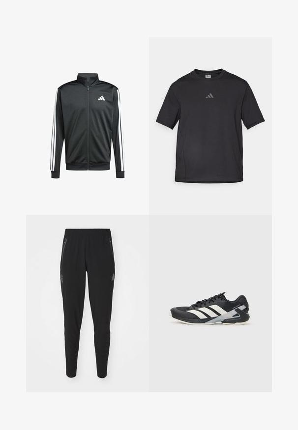 adidas Performance Trainingsvest - black; Zwart sport t-shirt van ademend materiaal, met korte mouwen, een ronde hals en een reflecterende logo op de borst.; Zwarte sportbroeken met een taps toelopende pasvorm. Kenmerken zijn een elastische tailleband, zijzakken met rits en een logo op het linkerbeen. Gladde textuur.; Zwarte sportschoen met witte strepen, bovenwerk van mesh, ronde neus en geveerde zool. Heeft een getextureerde hak en een veilig vetersysteem.