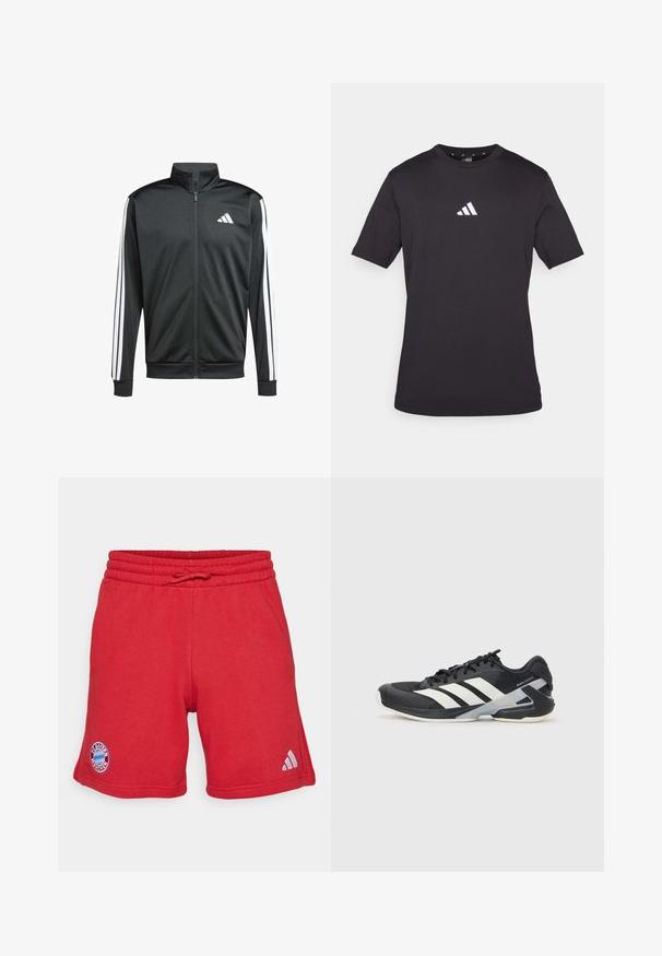 adidas Performance Chaqueta de entrenamiento - black; Camiseta de manga corta negra de algodón, con un logo blanco de Adidas en el pecho, cuello redondo y ajuste estándar.; Pantalones cortos deportivos rojos de tejido suave y transpirable. Cuentan con una cintura elástica con cordón, el logo del FC Bayern München y la marca Adidas.; Zapatilla deportiva negra con franjas blancas, parte superior de malla, punta redondeada y suela acolchada. Presenta un talón texturizado y un sistema de cordones seguro.