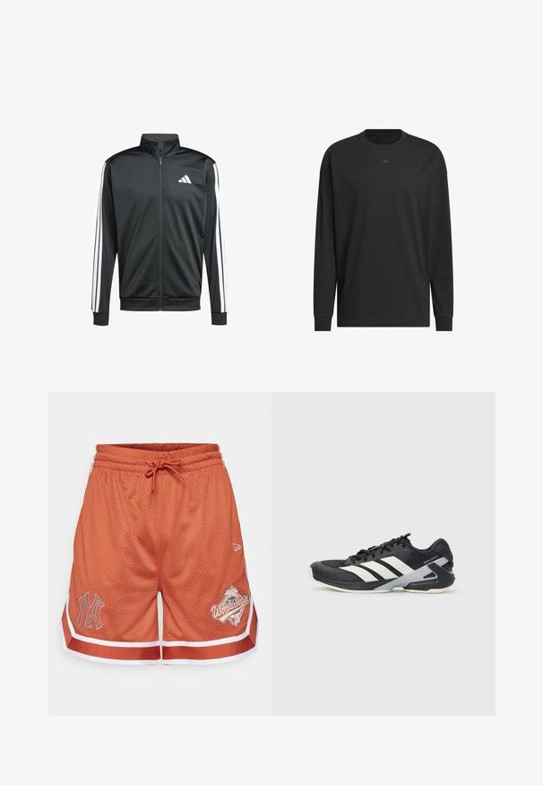 adidas Performance Trainingsvest - black; Zwarte longsleeve t-shirt van zachte katoen, met een ronde hals, een relaxte pasvorm en een klein logo-detail op de borst.; Oranje mesh shorts met witte en rode accenten, voorzien van een NY-logo op één been en een "World Series" grafiek aan de andere kant.; Zwarte sportschoen met witte strepen, bovenwerk van mesh, ronde neus en geveerde zool. Heeft een getextureerde hak en een veilig vetersysteem.