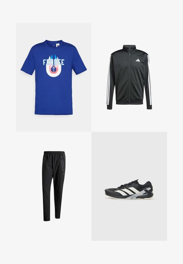 adidas Performance Trainingsvest - black; Blauwe katoenen T-shirt met het woord "FRANKRIJK" in witte letters en een cirkelvormige afbeelding eronder, die een voetbal en een logo in rood en blauw weergeeft.; Zwarte sportbroeken met een elastische tailleband, twee ritszakken aan de zijkant, taps toelopende pijpen en een subtiele logo-detail op de heup.; Zwarte sportschoen met witte strepen, bovenwerk van mesh, ronde neus en geveerde zool. Heeft een getextureerde hak en een veilig vetersysteem.