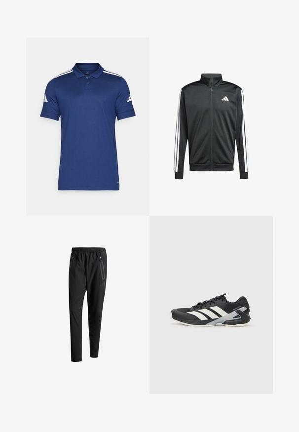 adidas Performance Trainingsvest - black; Navyblauwe polo shirt van ademend materiaal, met korte mouwen, een kraag, een drieknoopsluiting en drie witte strepen op de schouders.; Zwarte sportbroeken met een elastische tailleband, twee ritszakken aan de zijkant, taps toelopende pijpen en een subtiele logo-detail op de heup.; Zwarte sportschoen met witte strepen, bovenwerk van mesh, ronde neus en geveerde zool. Heeft een getextureerde hak en een veilig vetersysteem.