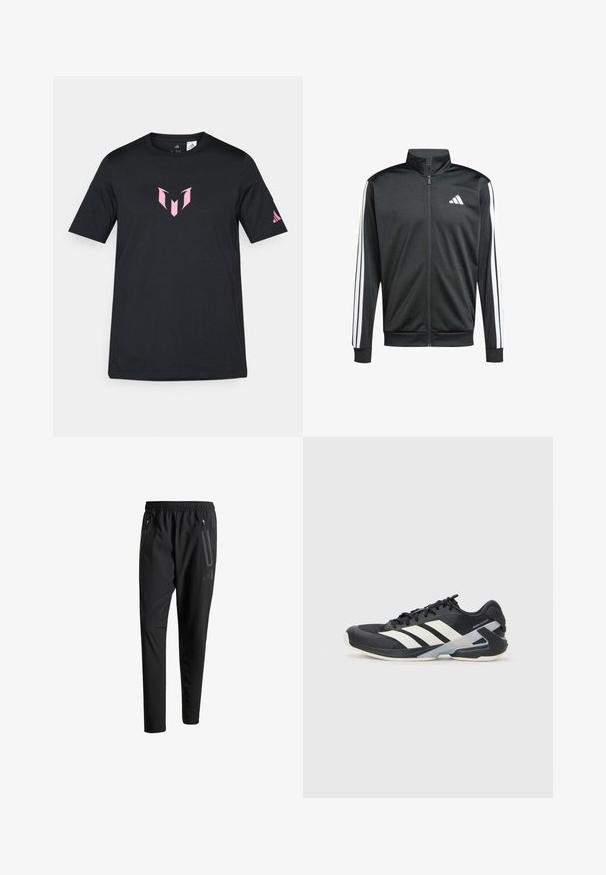 adidas Performance Trainingsvest - black; Zwarte T-shirt met korte mouwen van katoen, voorzien van een roze geometrisch logo op de borst en een Adidas-logo op de mouw.; Zwarte sportbroeken met een elastische tailleband, twee ritszakken aan de zijkant, taps toelopende pijpen en een subtiele logo-detail op de heup.; Zwarte sportschoen met witte strepen, bovenwerk van mesh, ronde neus en geveerde zool. Heeft een getextureerde hak en een veilig vetersysteem.