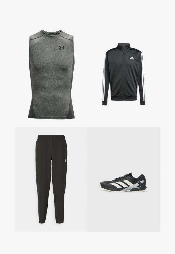 adidas Performance Training jacket - black; Men's sleeveless athletic shirt, made from dark gray moisture-wicking fabric, features a round neckline and Under Armour logo on the chest.; Black athletic pants with an elastic waistband, slim fit, and white logo on the left leg. Smooth, lightweight fabric.; Black athletic shoe with white stripes, mesh upper, rounded toe, and cushioned sole. Features a textured heel and secure lacing system.