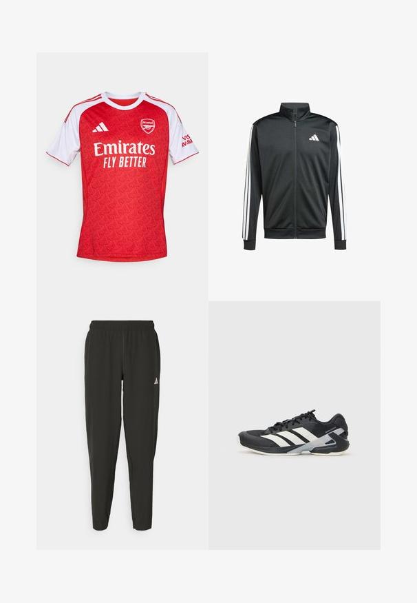 adidas Performance Trainingsvest - black; Rode voetbalshirt met witte accenten, voorzien van een geometrisch patroon, ronde hals, en het Arsenal-logo, samen met de branding "Emirates Fly Better".; Zwarte sportbroek met een elastische tailleband, slim fit en een wit logo op het linkerbeen. Soepele, lichte stof.; Zwarte sportschoen met witte strepen, bovenwerk van mesh, ronde neus en geveerde zool. Heeft een getextureerde hak en een veilig vetersysteem.