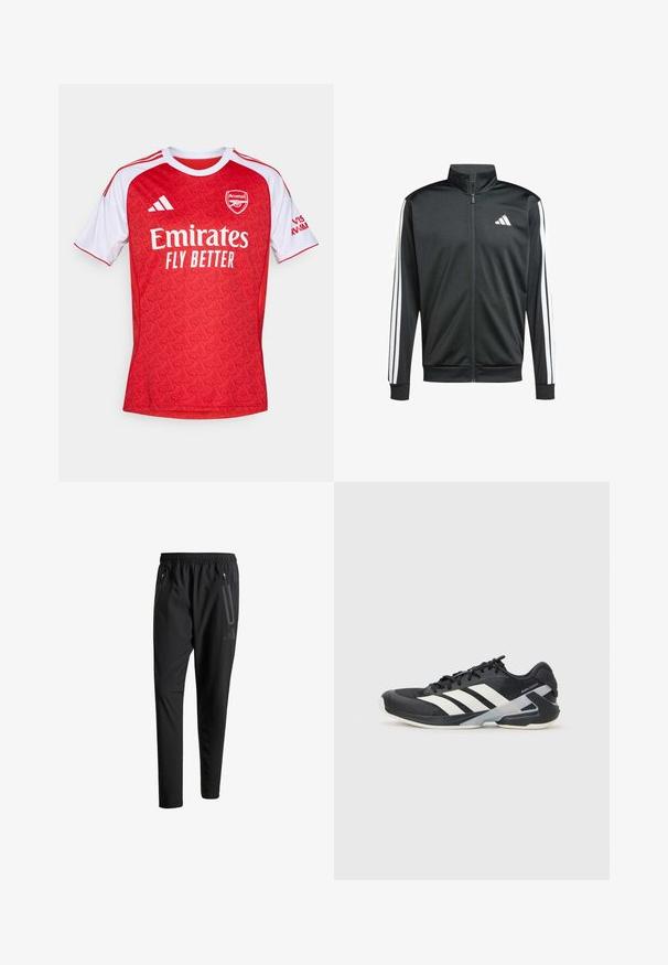 adidas Performance Giacca sportiva - black; Maglia da calcio rossa con accenti bianchi, caratterizzata da un motivo geometrico, collo rotondo e logo dell'Arsenal, insieme al branding "Emirates Fly Better".; Pantaloni sportivi neri con vita elastica, due tasche laterali con cerniera, gambe affusolate e un sottile dettaglio del logo sull'anca.; Scarpa sportiva nera con strisce bianche, tomaia in rete, punta arrotondata e suola ammortizzata. Presenta un tallone testurizzato e un sistema di allacciatura sicuro.
