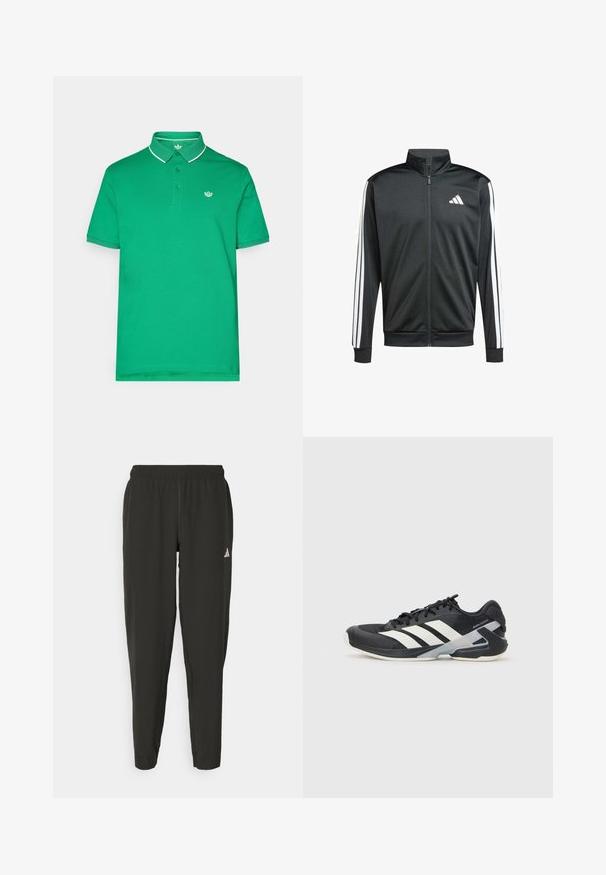 adidas Performance Giacca sportiva - black; Polo shirt verde in cotone, con colletto a due bottoni, bordi bianchi sul colletto e sulle maniche, e un piccolo logo sul petto.; Pantaloni sportivi neri con elastico in vita, taglio aderente e logo bianco sulla gamba sinistra. Tessuto liscio e leggero.; Scarpa sportiva nera con strisce bianche, tomaia in rete, punta arrotondata e suola ammortizzata. Presenta un tallone testurizzato e un sistema di allacciatura sicuro.