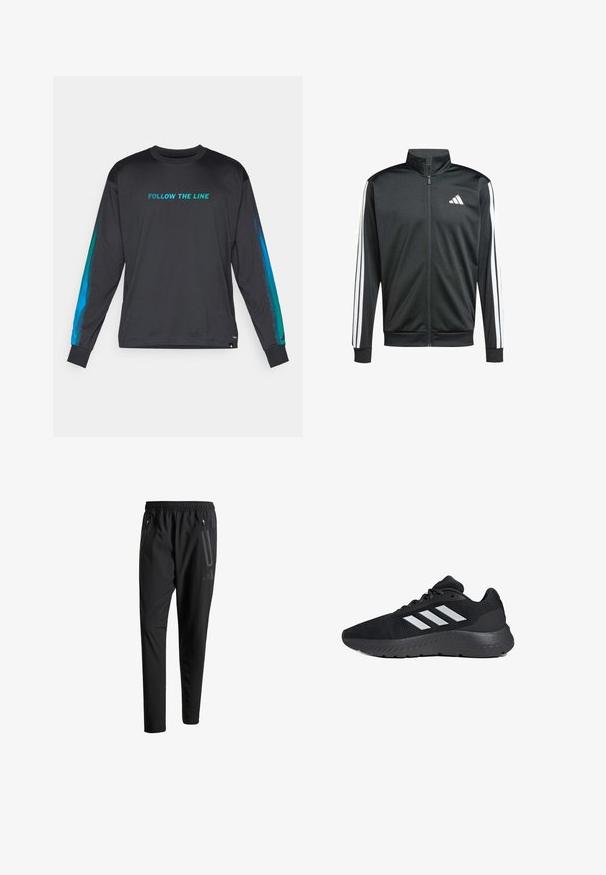 adidas Performance Training jacket - black; Long-sleeve black shirt with "FOLLOW THE LINE" in turquoise. Features blue gradient accents on sleeves and a crew neck design.; Black athletic pants with an elastic waistband, two zippered side pockets, tapered legs, and a subtle logo detail on the hip.; Black athletic shoe with mesh upper, three white stripes, cushioned sole, and textured detailing along the outsole.