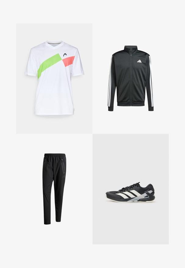 adidas Performance Trainingsjacke - black; Weißes Sportshirt mit V-Ausschnitt, ausgestattet mit diagonalen Akzenten in Grün und Pink. Hergestellt aus leichtem, atmungsaktivem Material.; Schwarze Sporthose mit elastischem Bund, zwei Reißverschlusstaschen an den Seiten, schmal zulaufenden Beinen und einem dezenten Logo-Detail an der Hüfte.; Schwarzer Sportschuh mit weißen Streifen, Obermaterial aus Mesh, runde Zehenform und gepolstertem Sohlenteil. Verfügt über eine strukturierte Ferse und ein sicheres Schnürsystem.