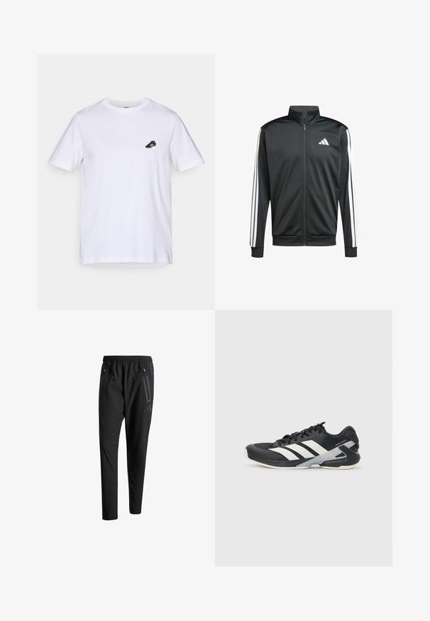 adidas Performance Chaqueta de entrenamiento - black; Camiseta de algodón blanca con mangas cortas y escote redondo; tiene un pequeño gráfico de una bota de fútbol negra en el lado izquierdo del pecho.; Pantalones deportivos negros con una cintura elástica, dos bolsillos laterales con cremallera, piernas ajustadas y un discreto detalle de logo en la cadera.; Zapatilla deportiva negra con franjas blancas, parte superior de malla, punta redondeada y suela acolchada. Presenta un talón texturizado y un sistema de cordones seguro.