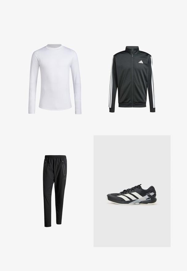 adidas Performance Trainingsjacke - black; Weißes langärmliges Sportshirt aus glattem, dehnbarem Stoff. Verfügt über einen Rundhalsausschnitt und eine schlanke Passform, mit dezenten Details an den Ärmeln.; Schwarze Sporthose mit elastischem Bund, zwei Reißverschlusstaschen an den Seiten, schmal zulaufenden Beinen und einem dezenten Logo-Detail an der Hüfte.; Schwarzer Sportschuh mit weißen Streifen, Obermaterial aus Mesh, runde Zehenform und gepolstertem Sohlenteil. Verfügt über eine strukturierte Ferse und ein sicheres Schnürsystem.