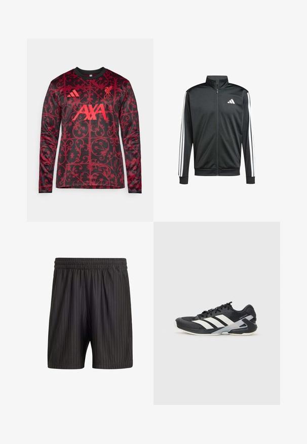 adidas Performance Chaqueta de entrenamiento - black; adidas Performance LIVERPOOL FC 25/26 PRE MATCH WARM TOP - Equipación de clubes - black/pure ruby; Pantalones cortos negros con una cinturilla elástica, con rayas verticales y un tejido ligero y texturizado. Longitud a mitad del muslo.; Zapatilla deportiva negra con franjas blancas, parte superior de malla, punta redondeada y suela acolchada. Presenta un talón texturizado y un sistema de cordones seguro.