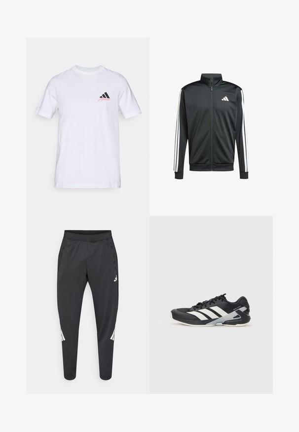 adidas Performance Training jacket - black; White cotton t-shirt featuring a black three-stripe logo and 'Merkel' in pink on the left chest. Classic round neckline and short sleeves.; Black athletic pants with tapered legs, elastic waistband, side pockets, and white logo and stripes detailing. Made from a smooth, lightweight material.; Black athletic shoe with white stripes, mesh upper, rounded toe, and cushioned sole. Features a textured heel and secure lacing system.