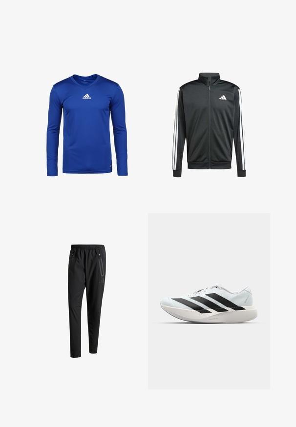 adidas Performance Trainingsjacke - black; Langärmliges blaues Sportshirt aus feuchtigkeitsableitendem Material, mit V-Ausschnitt und einem weißen Adidas-Logo auf der Brust.; Schwarze Sporthose mit elastischem Bund, zwei Reißverschlusstaschen an den Seiten, schmal zulaufenden Beinen und einem dezenten Logo-Detail an der Hüfte.; Leichte Laufschuhe in hellblau mit schwarzen Streifen. Sie verfügen über ein glattes Obermaterial, eine runde Zehenpartie und eine dicke weiße Zwischensohle, die mit "LIGHTSTRIKE PRO" beschriftet ist.