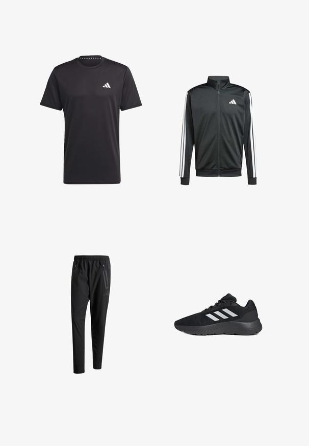 adidas Performance Chaqueta de entrenamiento - black; Camiseta atlética negra hecha de tejido transpirable, con un cuello redondo, mangas cortas y un logo blanco en el pecho. Diseño texturizado.; Pantalones deportivos negros con una cintura elástica, dos bolsillos laterales con cremallera, piernas ajustadas y un discreto detalle de logo en la cadera.; Zapatilla deportiva negra con parte superior de malla, tres franjas blancas, suela acolchada y detalles texturizados en la suela exterior.