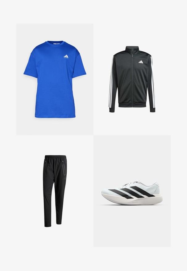 adidas Performance Trainingsjacke - black; Blaues Baumwoll-T-Shirt mit rundem Ausschnitt, kurzen Ärmeln und einem weißen Adidas-Logo auf der linken Brustseite. Glatte Textur, lässiges Design.; Schwarze Sporthose mit elastischem Bund, zwei Reißverschlusstaschen an den Seiten, schmal zulaufenden Beinen und einem dezenten Logo-Detail an der Hüfte.; Leichte Laufschuhe in hellblau mit schwarzen Streifen. Sie verfügen über ein glattes Obermaterial, eine runde Zehenpartie und eine dicke weiße Zwischensohle, die mit "LIGHTSTRIKE PRO" beschriftet ist.
