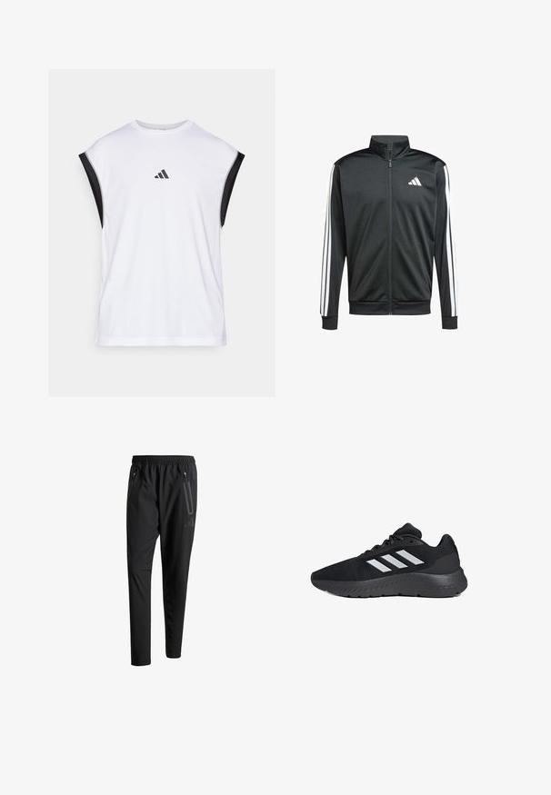 adidas Performance Giacca sportiva - black; Canotta atletica bianca con accenti neri sulle spalle. Presenta un colletto rotondo e un piccolo logo nero sul davanti. Tessuto con texture liscia.; Pantaloni sportivi neri con vita elastica, due tasche laterali con cerniera, gambe affusolate e un sottile dettaglio del logo sull'anca.; Scarpa sportiva nera con tomaia in rete, tre strisce bianche, suola imbottita e dettagli testurizzati lungo la suola.