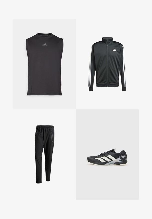 adidas Performance Trainingsvest - black; Zwarte mouwloze sportshirt van soepel stof, met een ronde halslijn en subtiele logo-details op de voorkant.; Zwarte sportbroeken met een elastische tailleband, twee ritszakken aan de zijkant, taps toelopende pijpen en een subtiele logo-detail op de heup.; Zwarte sportschoen met witte strepen, bovenwerk van mesh, ronde neus en geveerde zool. Heeft een getextureerde hak en een veilig vetersysteem.