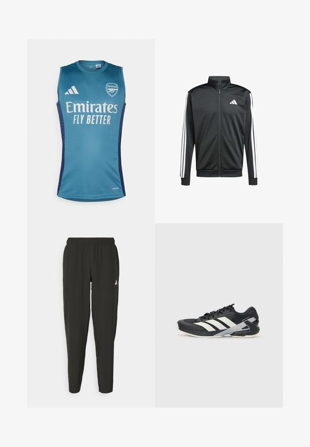 adidas Performance Veste de survêtement - black; Débardeur aqua sans manches mettant en avant le logo d'Arsenal, le texte "Emirates Fly Better" et des accents latéraux bleu marine. Fabriqué en tissu lisse.; Pantalons de sport noirs avec une taille élastique, coupe slim et logo blanc sur la jambe gauche. Tissu lisse et léger.; Chaussure de sport noire avec des rayures blanches, tige en mesh, bout arrondi et semelle rembourrée. Comprend un talon texturé et un système de laçage sécurisé.