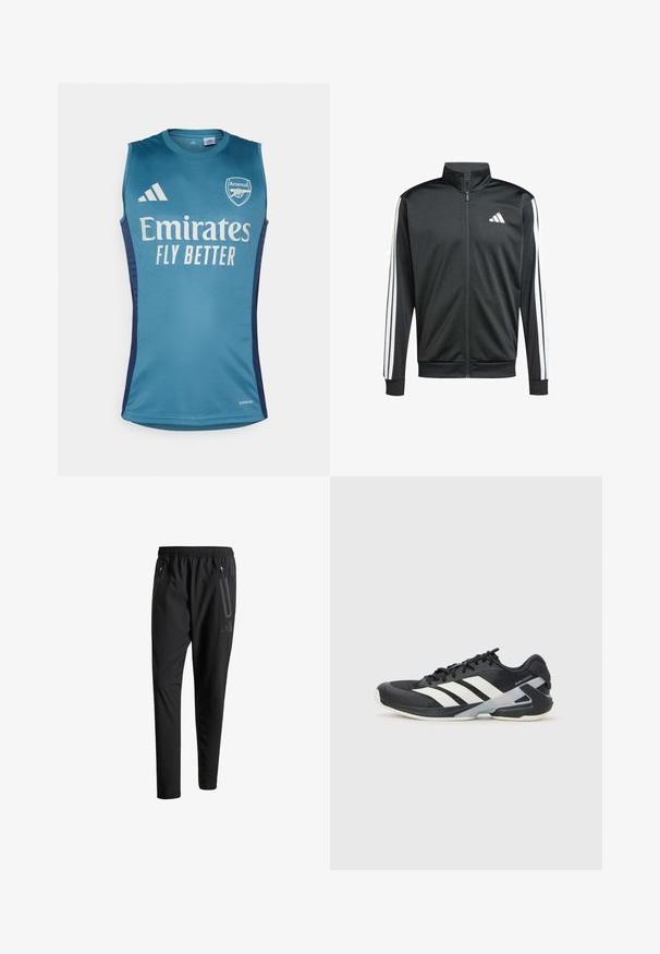 adidas Performance Trainingsjacke - black; Aqua ärmelloses Trikot mit dem Arsenal-Logo, dem Text "Emirates Fly Better" und dunkelblauen Seitenakzenten. Hergestellt aus glattem Stoff.; Schwarze Sporthose mit elastischem Bund, zwei Reißverschlusstaschen an den Seiten, schmal zulaufenden Beinen und einem dezenten Logo-Detail an der Hüfte.; Schwarzer Sportschuh mit weißen Streifen, Obermaterial aus Mesh, runde Zehenform und gepolstertem Sohlenteil. Verfügt über eine strukturierte Ferse und ein sicheres Schnürsystem.
