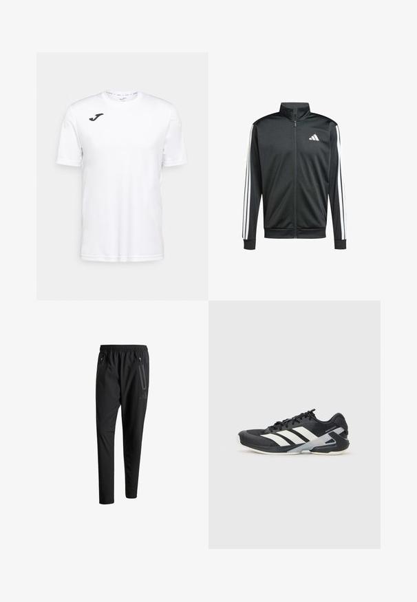 adidas Performance Trainingsjacke - black; Weißes sportliches T-Shirt mit kurzen Ärmeln aus glattem Stoff, mit einem schwarzen Logo auf der linken Brust und rundem Halsausschnitt.; Schwarze Sporthose mit elastischem Bund, zwei Reißverschlusstaschen an den Seiten, schmal zulaufenden Beinen und einem dezenten Logo-Detail an der Hüfte.; Schwarzer Sportschuh mit weißen Streifen, Obermaterial aus Mesh, runde Zehenform und gepolstertem Sohlenteil. Verfügt über eine strukturierte Ferse und ein sicheres Schnürsystem.