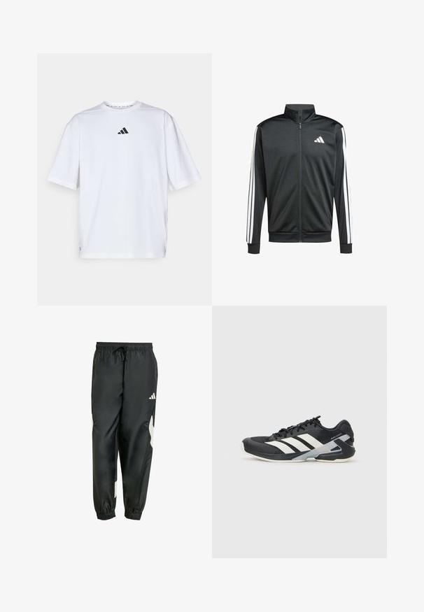 adidas Performance Trainingsjacke - black; Weißes Baumwoll-T-Shirt mit einem schwarzen Adidas-Logo auf der Brust, kurzen Ärmeln, einem runden Halsausschnitt und seitlichen Schlitzen am Saum.; Schwarze Sporthosen mit einem elastischen Bund, verstellbarem Kordelzug und weißen Seitenelementen. Hergestellt aus glattem, leichtem Material.; Schwarzer Sportschuh mit weißen Streifen, Obermaterial aus Mesh, runde Zehenform und gepolstertem Sohlenteil. Verfügt über eine strukturierte Ferse und ein sicheres Schnürsystem.