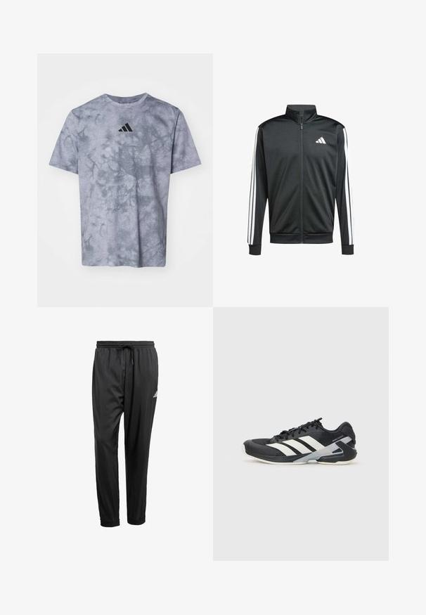 adidas Performance Chaqueta de entrenamiento - black; Camiseta gris de manga corta con un patrón de tie-dye, que presenta un prominente logo negro de Adidas en el pecho y una tela texturizada.; Pantalones deportivos negros con cinturilla elástica, cordón ajustable, tobillos con puños y un pequeño logotipo blanco en el muslo derecho.; Zapatilla deportiva negra con franjas blancas, parte superior de malla, punta redondeada y suela acolchada. Presenta un talón texturizado y un sistema de cordones seguro.