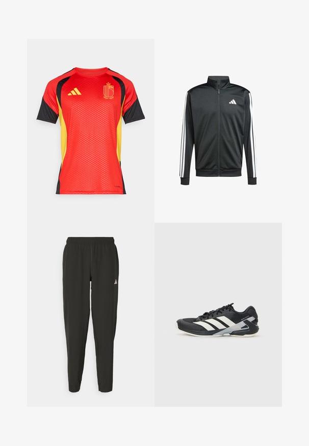 adidas Performance Trainingsvest - black; Rode T-shirt met korte mouwen, voorzien van zwarte en gele accenten, met een textuurpatroon, Adidas-logo en een centraal embleem.; Zwarte sportbroek met een elastische tailleband, slim fit en een wit logo op het linkerbeen. Soepele, lichte stof.; Zwarte sportschoen met witte strepen, bovenwerk van mesh, ronde neus en geveerde zool. Heeft een getextureerde hak en een veilig vetersysteem.