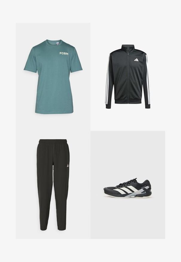adidas Performance Chaqueta de entrenamiento - black; adidas Performance FC BAYERN M�NCHEN SZN TEE - Camiseta básica - hazy emerald; Pantalones deportivos negros con cinturilla elástica, ajuste Slim y logo blanco en la pierna izquierda. Tejido suave y ligero.; Zapatilla deportiva negra con franjas blancas, parte superior de malla, punta redondeada y suela acolchada. Presenta un talón texturizado y un sistema de cordones seguro.