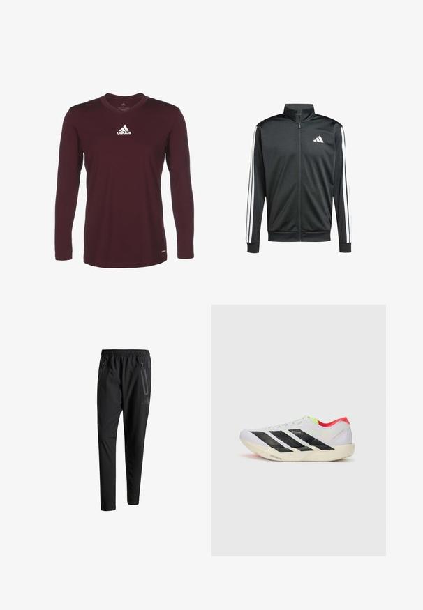 adidas Performance Trainingsjacke - black; Bordeauxfarbene Langarmbluse mit V-Ausschnitt. Mit dem Adidas-Logo in Weiß auf der oberen linken Brust. Glatte Stofftextur.; Schwarze Sporthose mit elastischem Bund, zwei Reißverschlusstaschen an den Seiten, schmal zulaufenden Beinen und einem dezenten Logo-Detail an der Hüfte.; Weißer Sportschuh mit schwarzen Streifen, neongrünen Akzenten und einer roten Ferse. Hat ein leichtes Design und eine strukturierte Sohle für besseren Grip.