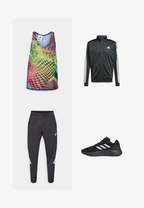 adidas Performance Giacca sportiva - black; Top a maniche lunghe multicolore con vivaci motivi geometrici, tra cui scacchi e spirali, in tonalità di verde, rosa, blu e viola.; Pantaloni atletici neri con gambe affusolate, cintura elastica, tasche laterali e dettagli con logo bianco e strisce. Realizzati in materiale liscio e leggero.; Scarpa sportiva nera con tomaia in rete, tre strisce bianche, suola imbottita e dettagli testurizzati lungo la suola.
