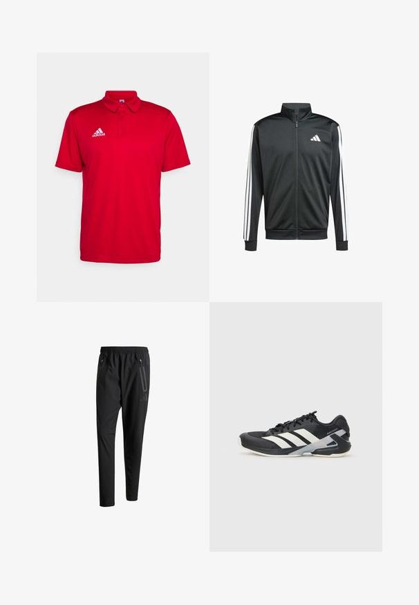 adidas Performance Chaqueta de entrenamiento - black; Camiseta polo roja hecha de tejido transpirable. Presenta un cuello, mangas cortas y un logo blanco de Adidas en el lado izquierdo del pecho.; Pantalones deportivos negros con una cintura elástica, dos bolsillos laterales con cremallera, piernas ajustadas y un discreto detalle de logo en la cadera.; Zapatilla deportiva negra con franjas blancas, parte superior de malla, punta redondeada y suela acolchada. Presenta un talón texturizado y un sistema de cordones seguro.