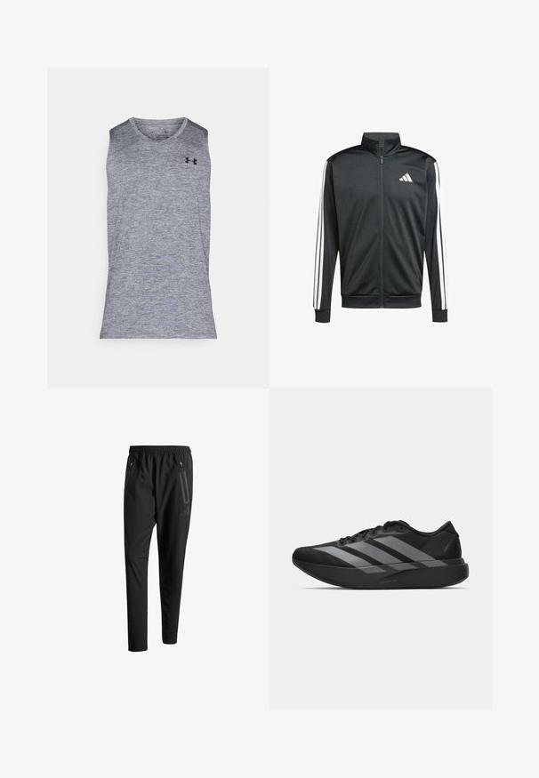 adidas Performance Trainingsjacke - black; Graues ärmelloses Sportshirt aus einem strukturierten, feuchtigkeitsableitenden Stoff. Mit einem runden Ausschnitt und einem schwarzen Logo auf der oberen linken Seite.; Schwarze Sporthose mit elastischem Bund, zwei Reißverschlusstaschen an den Seiten, schmal zulaufenden Beinen und einem dezenten Logo-Detail an der Hüfte.; Schwarze Sportschuhe mit einem leichten Design, ausgestattet mit drei auffälligen grauen Streifen, einer glatten Textur und einer konturierten Sohle.