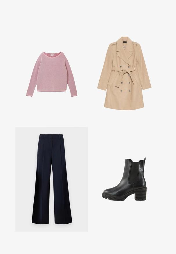 Palton bej, cu două rânduri de nasturi, confecționat dintr-un material moale, având talie accesorizată cu un cordon, nasturi mari și epauleți pe umeri. Mâneci lungi cu buzunare laterale.; Pulover lung cu mâneci lungi, tricotat roșu, cu un model texturat și guler rotund. Are un tiv contrasting roz la guler și la manșete.; TOM TAILOR LEA WIDE - Pantaloni - sky captain blue; Botine negre din piele cu elastic pe laterale, toc chunky texturat și tab de apucare. Vârf rotund și talpă distinctivă cu nervuri.