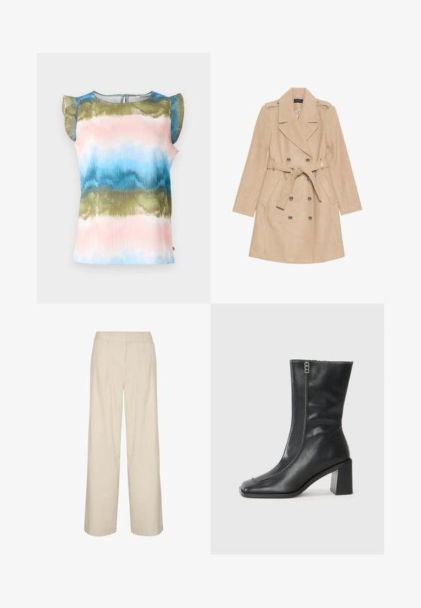 Manteau beige à double boutonnage en matériau doux, avec une taille ceinturée, de gros boutons et des épaulettes. Manches longues avec poches latérales.; Top à manches courtes avec un motif tie-dye multicolore en vagues, dans des tons de rose, bleu et vert. Tissu léger avec des accents volants aux épaules.; Pantalons larges beige en mélange de lin, avec une taille haute, des plis et une texture lisse. Aucun matériel ou motif visible.; Bottine en cuir noir avec un bout carré, fermeture éclair sur le côté et un talon épais et carré. Présente des coutures contrastées le long de la couture avant.
