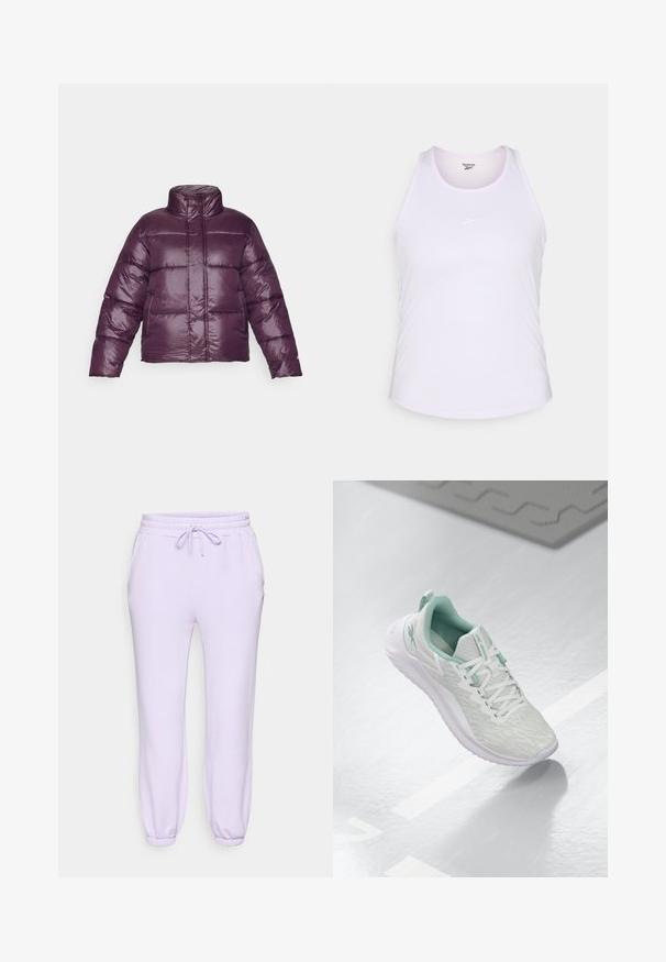 Jachetă pufosă purpurie cu guler înalt, design matlasat și finisaj lucios. Are mâneci lungi și o siluetă scurtă.; Top sportiv alb cu guler rotund, bretele subțiri și un accent subtil de mov. Prezintă un mic logo Reebok pe partea din față.; Pantaloni de trening lavandă, cu talie elastică și șnur pentru ajustare, buzunare laterale și manșete conice la glezne. Material moale și neted.; Pantof de sport gri deschis, cu un material tricotat texturat, accente verde menta, șireturi albe, talpă din cauciuc și o bucată pentru tragere la călcâi.