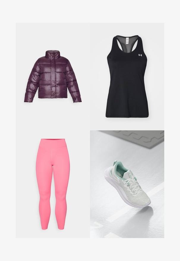 Violetinis pūkinis švarkas su aukštu kaklu, siuvinėtu dizainu ir blizgiu paviršiumi. Turi ilgas rankoves ir sutrumpintą siluetą.; Juodas sportinis marškinėlis be rankovių, pagamintas iš tekstūruotos medžiagos, su lenktu nugara ir subtiliu logotipo akcentu ant krūtinės. Lengvas ir pralaidus orui.; Rožinės aktyvios legging kelnės su aukštu juosmeniu, pagamintos iš elastingos medžiagos. Yra sklandžios tekstūros ir be matomų raštų ar akcentų.; Šviesiai pilni sportiniai bateliai su tekstūruota mezgimo viršutine dalimi, mėtų žalumo akcentais, baltais raišteliais, guminėmis padangomis ir kilpa kulne.