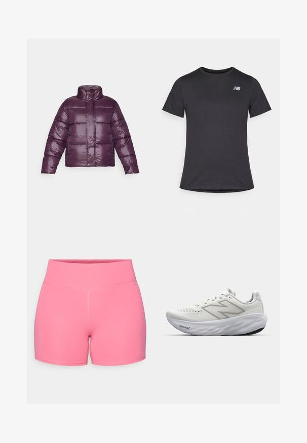 Jachetă pufosă purpurie cu guler înalt, design matlasat și finisaj lucios. Are mâneci lungi și o siluetă scurtă.; Tricou scurt cu mânecă neagră, fabricat dintr-un material moale, având un mic logo gri New Balance pe pieptul din stânga sus, cu un design clasic de gât.; Șorturi atletice roz, cu o textură netedă, talie înaltă și cusături plate, concepute pentru confort și flexibilitate în timpul activităților fizice.; Pantofi sport albi cu un upper din plasă, având o guleră căptușită, o talpă texturată și marca "Fresh Foam" pe midsole.
