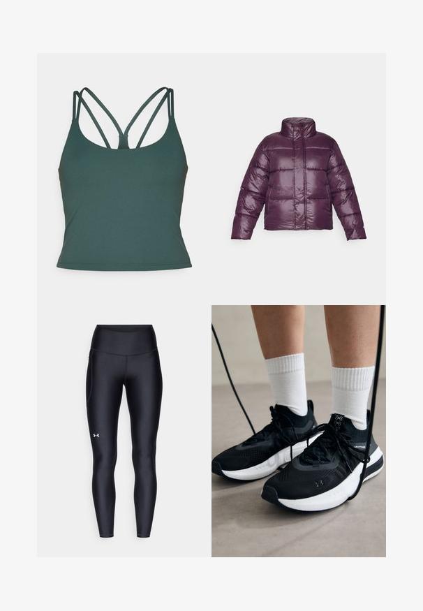Doudoune violette avec un col haut, un design matelassé et une finition brillante. Elle a des manches longues et une silhouette courte.; Fabletics PRINCIPAL BUILT IN BRA TANK - Débardeur - everpine; Leggings noirs en matière lisse et extensible avec une taille haute. Présentent un logo blanc sur la cuisse gauche et un design ajusté.; Chaussures de sport noires en tissu texturé, avec une semelle blanche et des lacets noirs. Portées avec des chaussettes blanches côtelées, debout sur une surface claire.