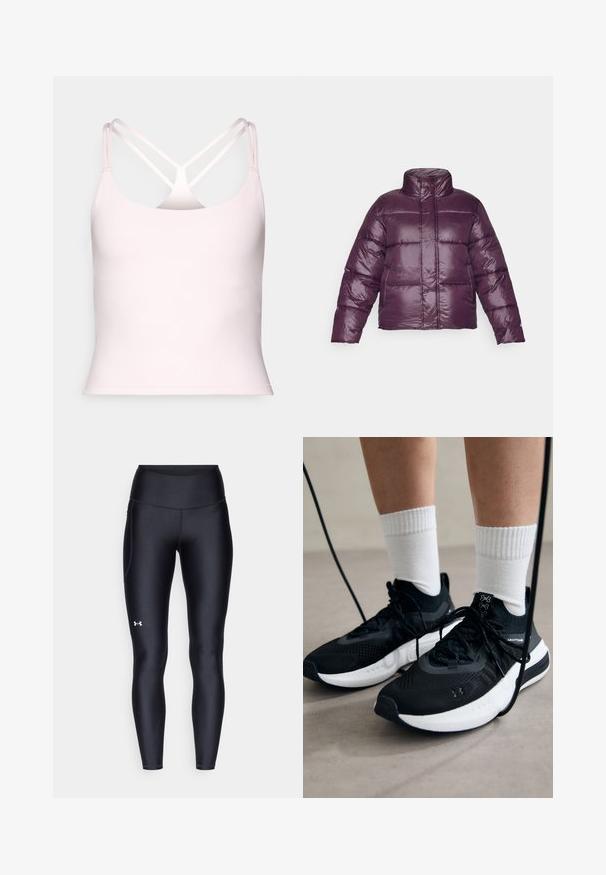 Ljubičasta jakna s punjenjem visokog ovratnika, prošivanim dizajnom i sjajnim finišem. Ima duge rukave i skraćeni kroj.; Fabletics PRINCIPAL BUILT IN BRA TANK - Top - sugar pink; Crne tajice izrađene od glatkog, rastezljivog materijala s visokim strukom. Imaju bijeli logo na lijevom butu i prilagođen dizajn.; Crne atletske cipele s teksturiranim materijalom, bijelim potplatima i crnim vezicama. Nosene s bijelim rebrastim čarapama, stojeći na svijetloj površini.